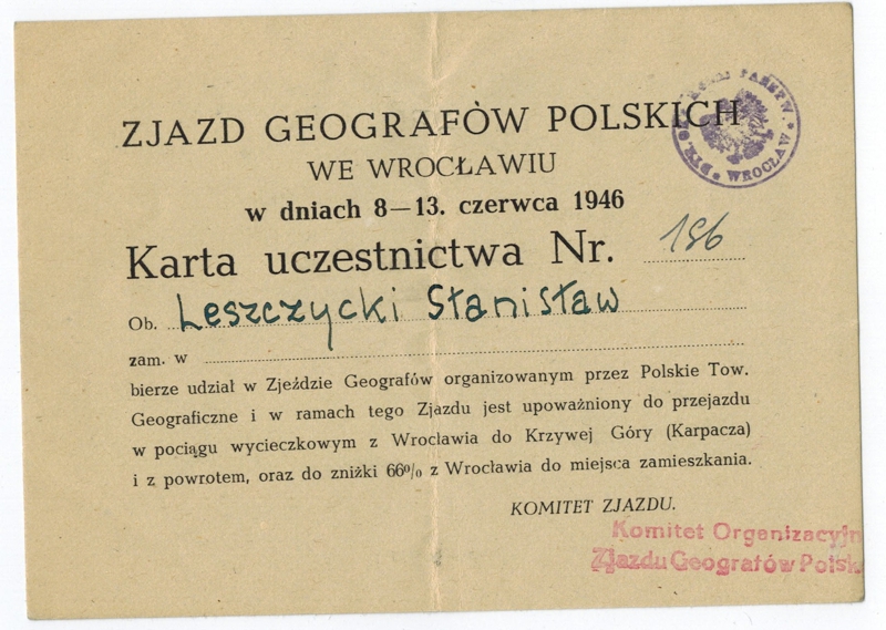 Karta uczestnictwa Stanisława Leszczyckiego w Zjeździe PTG w 1946 r.