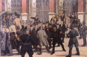 Aresztowanie profesorów Uniwersytetu Jagiellońskiego 6 listopada 1939 r. w ramach „Sonderaktion Krakau” Mal. Mieczysław Wątorski, zbiory Muzeum UJ.