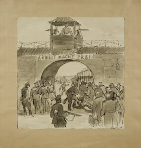 Sachsenhausen. Wejście profesorów Uniwersytetu Jagiellońskiego. Mal. Mieczysław Wątorski. Zbiory Muzeum UJ