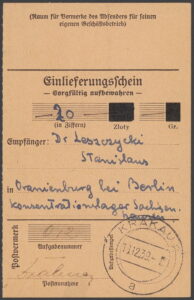 Przekaz pieniężny na kwotę 20 złotych dla Stanisława Leszczyckiego, wysłany na Święta Bożego Narodzenia przez żonę Wandę, 13 grudnia 1939 MHK-436-K